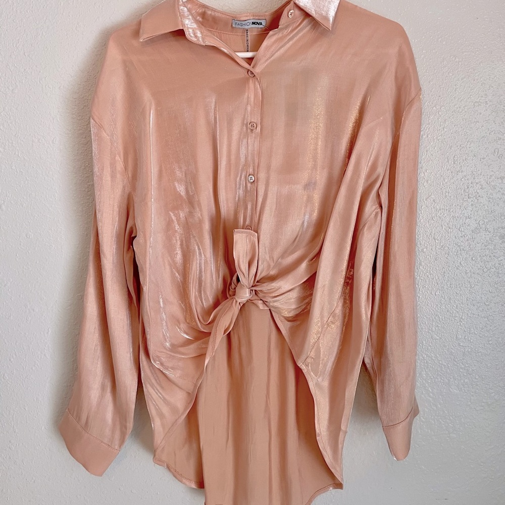 Fashion Nova Shiny Pink Button Up